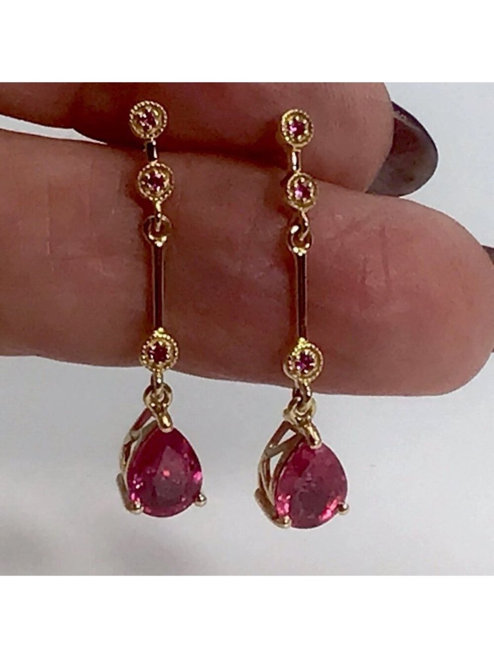 18K Yellow Gold Ruby Pink Sapphire Earrings Dangle 3.4 Grams 1 1/8”